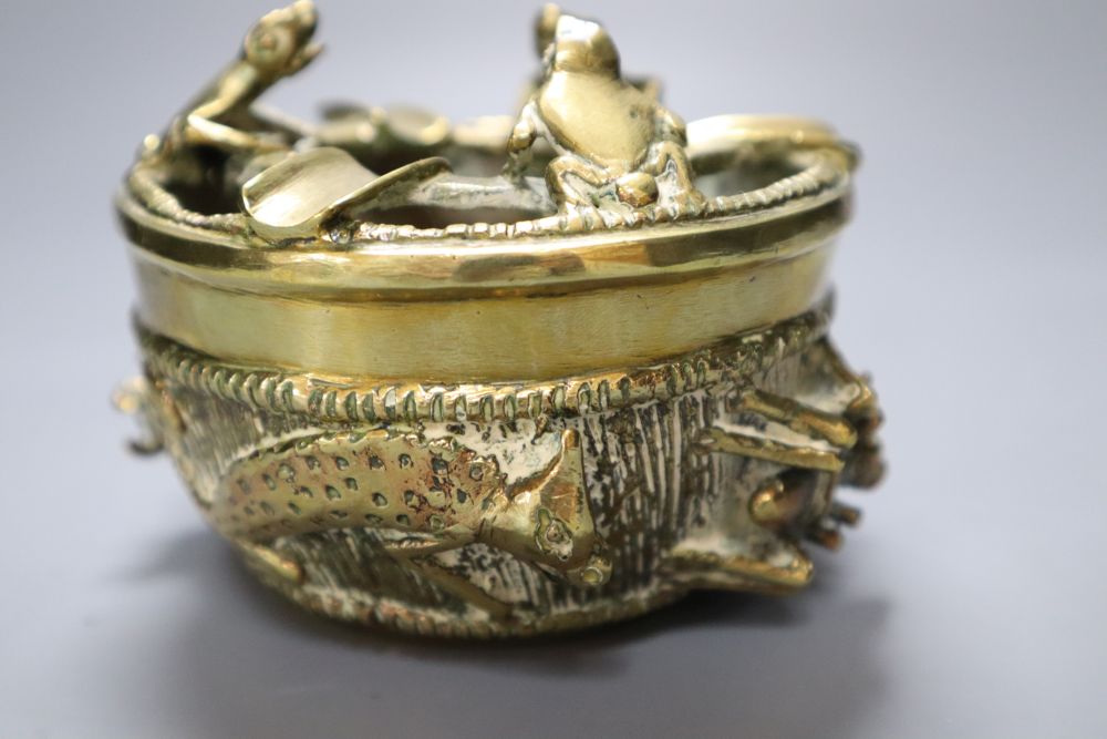 A set of three Victorian papier mache snuff boots, 8cm, a bank nameplate and ornamental brassware (8)